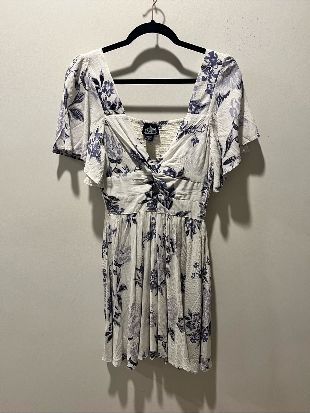 Angie White/Blue Floral Knot-Front Mini Dress V-neck Flowy Mini Dress S